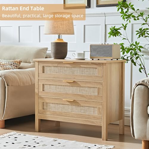 LEYAOYAO 31.5" Wide Rattan Night Stand, Large Boho Nightstand, Bedside Table with Storage, Tall Bed Side End Tables, Chest of Drawers for Bedroom, Living Room, Hallway(Natural,3 Drawers,2) - Image 3