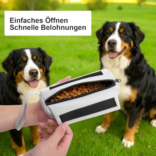 GZRXIOUS Futterbeutel für Hunde, Wasserdichter Apportierbeutel aus Oxfordstoff – Leckerlibeutel für Hunde, Einhandbedienung, Perfekt als Erziehungshilfen für Dummy Hundetraining (Grau)