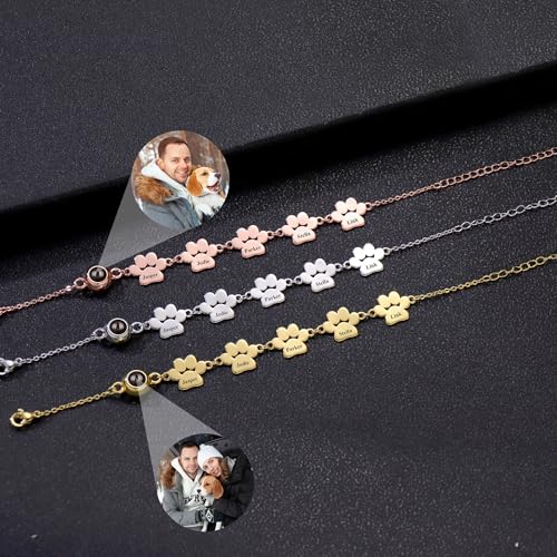 Pekdi Personalisiertes Armband mit Pfotenabdruck, Armband mit Bild Hund Katzen Pfoten Fotoanhänger gravierter Name 925er Sterlingsilber Schmuck zum Gedenken an Haustiere Geschenk zum Muttertag