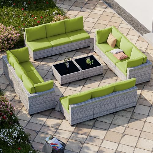 Image of Outdoor PE Wicker Rattan Modular Patio Sectional Sofa Set | 14-Piece: 12 Modular Seats & 2 Coffee Tables, Grass Green