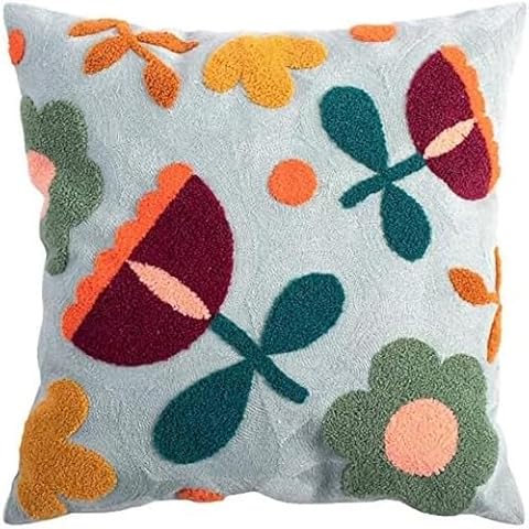 MOCOFO Canvas Embroidered Throw Pillow Cover with Flower Spring Embroidery Craft Modern Simple Sofa Office Pillow Pillow Case (Flower, 18x18’’) Cover