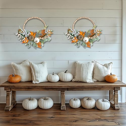 Image of 2PCS 16 inch Wood Beads Wreath,Fall Wreaths for Front Door,Eucalyptus Berries Pumpkins Lamb Ears Leaves Autumn Wreaths for Front Door, Fall Decor, Porch Wall, Home Outdoor Holiday Decor