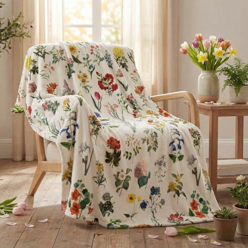 Horaldaily Spring Summer Flannel Blanket Throw Vintage Flowers Beige Soft Fuzzy Plush Cozy Fleece Blankets for Couch Sofa Bed Lounging Ideal Gifts for Kids Adults Self 50x60