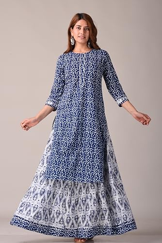 Image of KANNAHI Women Pure Cotton Blue and Rust Ethnic Motif Ajrakh Handblock Printed Kurta Set