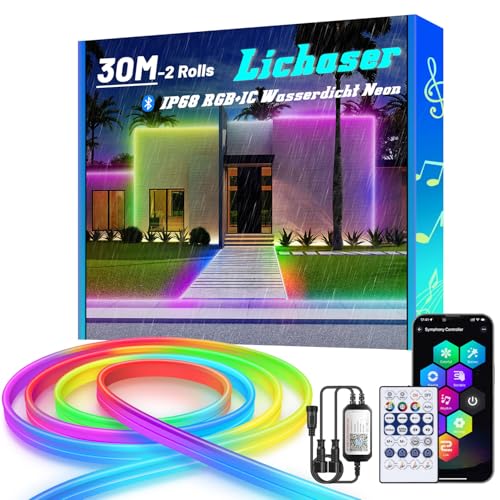 Lichaser 30M RGB+IC Ruban LED Neon, IP68 Bluetooth Neon LED Exterieur Etanche avec Smart APP, 24V DIY Flexible Silikon Néon Ruban led exterieur pour Balcon, Pavillon, Fête, Jardin, Festival (15M*2)