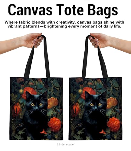 Image of Cute Cat Canvas Tote Bag for Women, Aesthetic Reusable Shoulder Bag for Shopping Travel Work