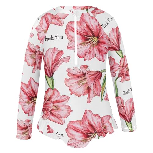 KLL Cool Amaryllis White Girls Swimsuit Long Sleeve 1 Piecing Rash Guard for Girls Toddler Bathing Suit 7-8T2