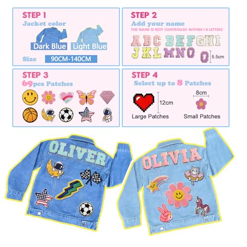 Personalized Denim Jacket for Kids with Name Patches| Custom Toddler Girls Clothes| Back to School Outfit| Jean Jacket Birthday Gifts for Toddlers Girls Boys 1-82