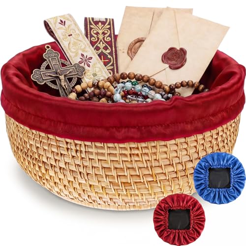 Newtay 10.3 Inch Round Offering Baskets for Church Wicker Offering Bowl with 2 Removable Liners Rattan Church Tithes Donation Bowl Communion Smudge Storage Basket for Home Altar Decor