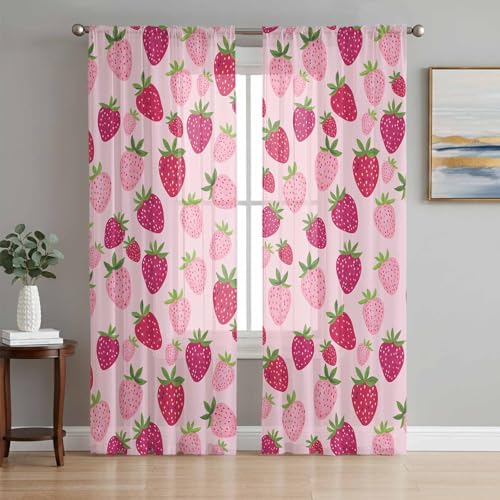 Red Pink Strawberry Sheer Window Chiffon Curtains 108 Inches Long,