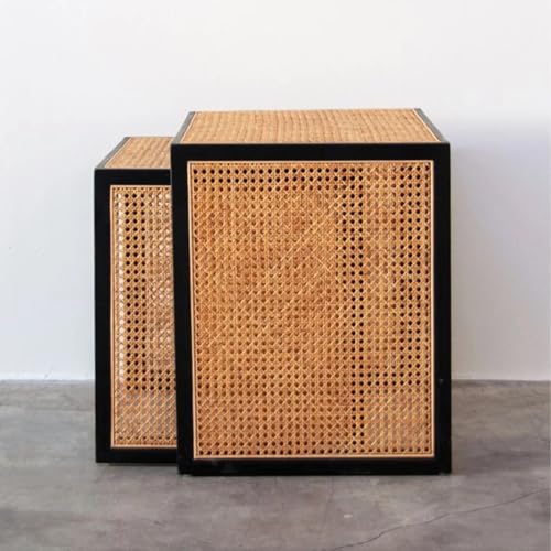 Image of Wooden Coffee Table| End Table| Sofa SideTable| SideTable for Living Room| Rattan Cane Table (45x45) Black Set of 2