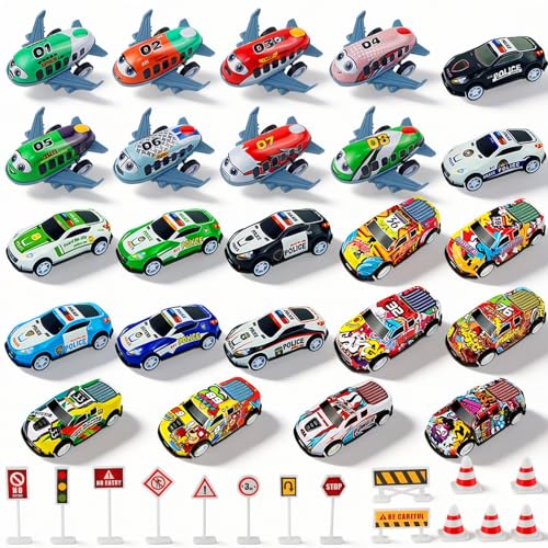 ZHITENG 39 Piezas Coches para Niños, Mini Coches Juguete, Metal Set de Pull Back Cars con 15 Barricadas 8 Juguetes de Avión a Partir de 6 Años para Niños para Regalos Infantiles, Regalo de Cumpleaños