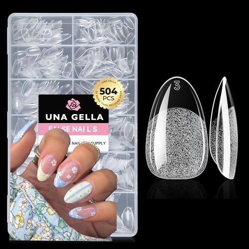 UNA GELLA Short Oval Almond Fake Nails 504pcs Press on Nails Pre-shape Short Almond Round Gel Nail Tips for Full Cover Acrylic False Nails For Nail Extension Home DIY Salon 12 Sizes False Gelly Tips