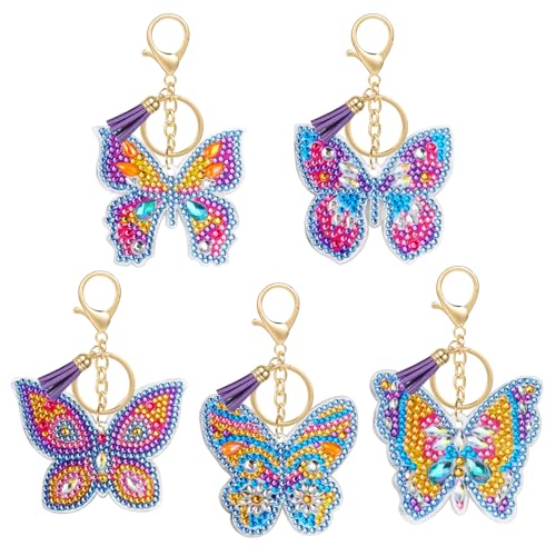 MWOOT 5 Piezas Llavero de Pintura de Diamantes Mariposa, 5D DIY Colgante de Pintura de Diamantes Completo, Llavero Manualidades Diamond Art Painting Doble Cara con Borla para Bolso Monedero Mochila