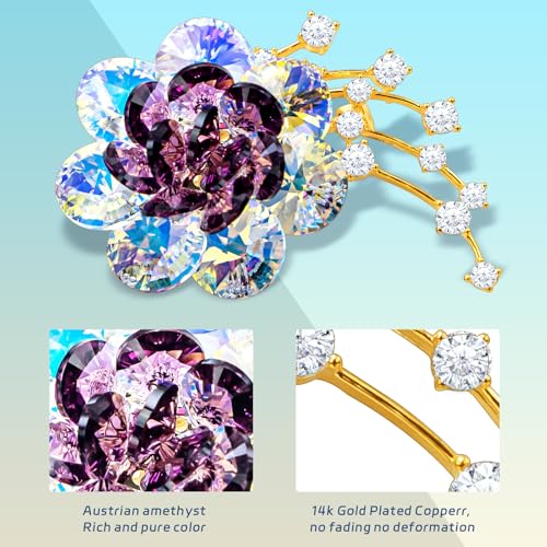 Image of Brooches For Women,14k Gold Plated Copper,Crystal Roselle Cubic Zirconia Brooch Pins For Women ,Crystal Broach,Flower Broach