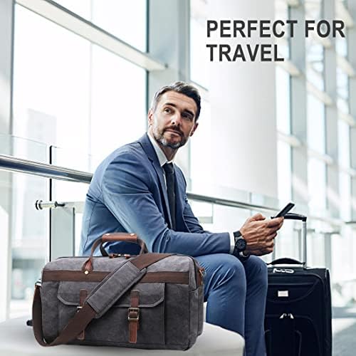 Duffle Bag for Men Waterproof Genuine Leather Canvas Travel Duffel Bags for Women Overnight Weekender Bag for Traveling, Black 5 Duffle Bag for Men Waterproof Genuine Leather Canvas Travel Duffel Bags for Women Overnight Weekender Bag for Traveling, Black