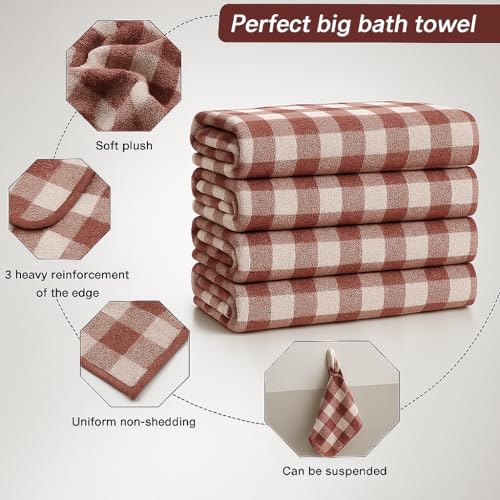 Image of Cortina Checks Printed Microfiber Towels for Bath Large Size-Super Soft Coral Fleece Bathing Towel with Hook Quick Dry Super Absorbent-Bath Towel for Men and Women-70x140 cm [Red]