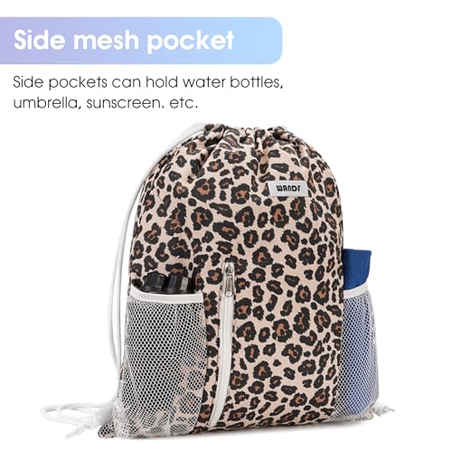 Image of WANDF Drawstring Backpack Sports Gym Sackpack with Mesh Pockets Water Resistant String Bag for Women Men (Pink Leopard)