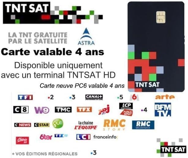 Carte TNT Sat – Validité 4 Ans – Carte Officielle pour Réception Chaînes TNT Via Satellite Astra 19.2° – Activation Facile
