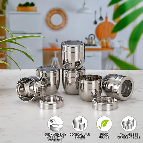 Image of Sumeet Stainless Steel Conical Shape Canisters /Dabba /Storage Containers for Kitchen with See Through Lid, Set of 6 Pcs, 400ml Each, 8.5cm Dia, Silver