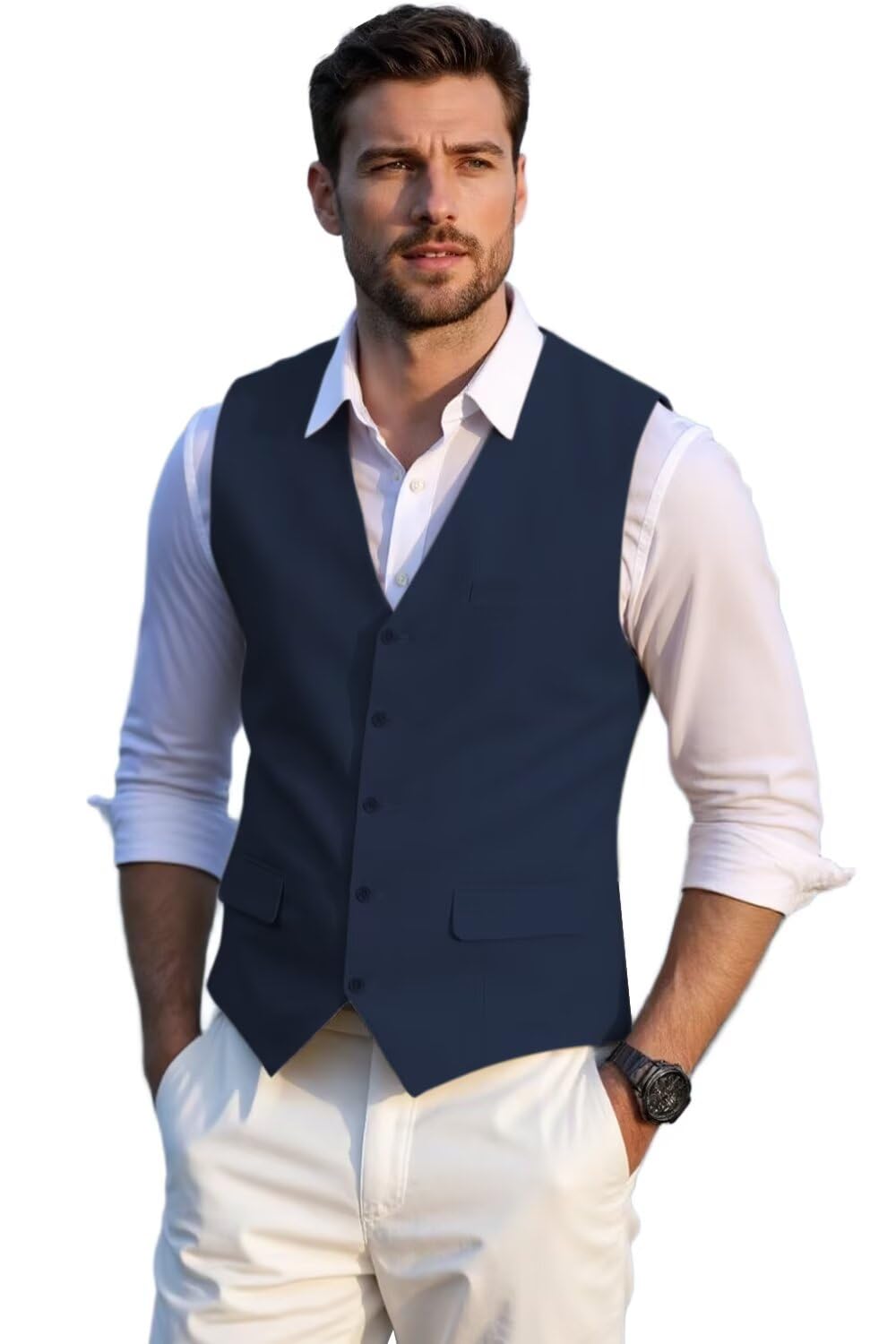 Solovedress Gilet da uomo, elegante, da uomo, estivo, in lino, per matrimoni e feste, Blu marino, 3XL