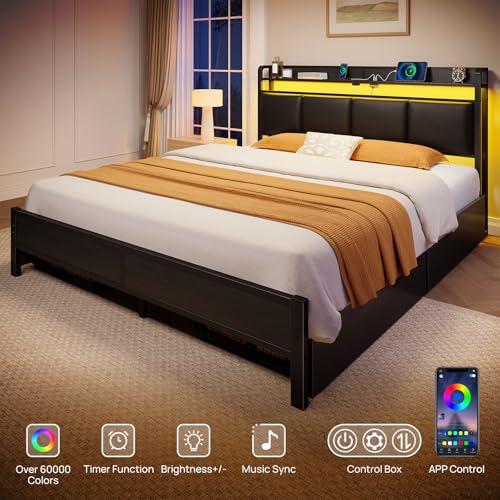 Image of Rolanstar Bed Frame Full Size with Charging Station and LED Lights, Upholstered Storage Headboard with Drawers, Heavy Duty Metal Slats, No Box Spring Needed, Easy Assembly, Black