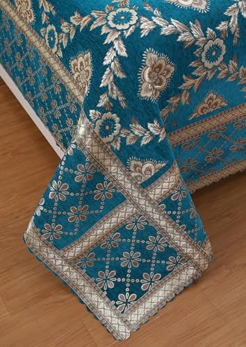 Image of Luxury Velvet Diwan Bedsheet with 5 Cushion Covers and 2 Bolster Covers - Designer Sofa DiwanCover Set for Living Room (Sky Blue)