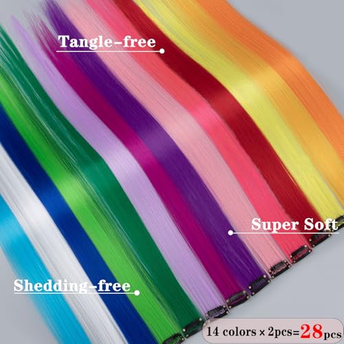 28 Packs Colored Hair extension 22 Inch Color Clip in Hair Extension for Women Girls Kids Rainbow Highlight Hair Piece for Party - Image 3