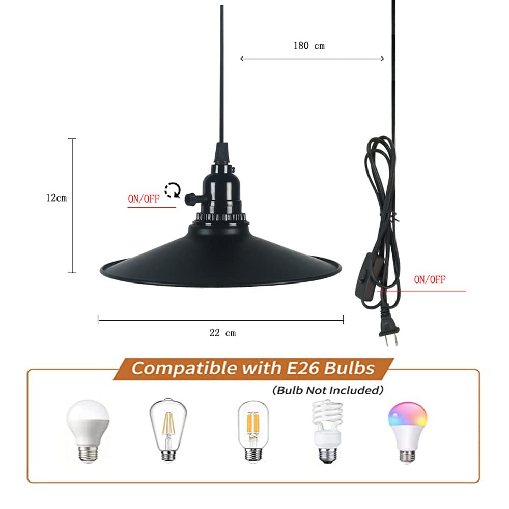 Lampa wisząca z wtyczką przemysłową, zestaw lamp wiszących w stylu vintage, czarna lampa wisząca z wtyczką do domu, wtykane metalowe abażury Wiszące oprawy oświetleniowe z 70-calowym