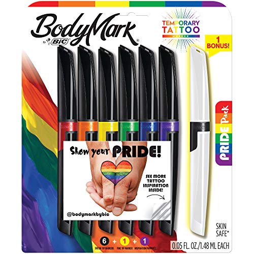 BodyMark by BIC, Temporary Tattoo Marker, Pride Pack, Skin-Safe, Mixed Brush Tip & Fine Tip, Assorted Colors, 6-Pack + 1 Bonus Marker