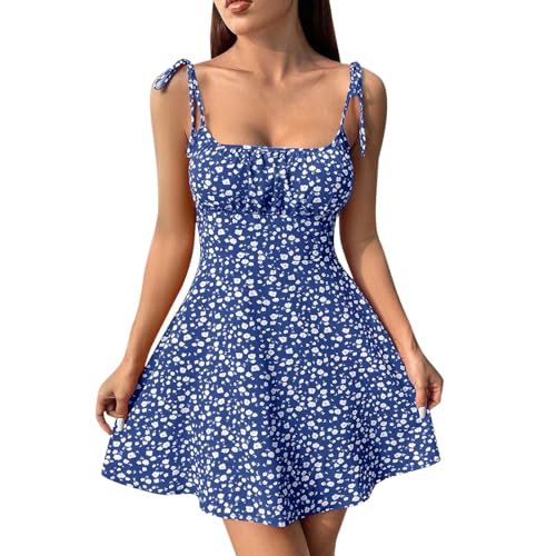 Sommerkleid Damen Kurz Boho Vintage Blumenkleid Ärmellos Spaghettiträger Strandkleid A-Linie Quadratischer Ausschnitt Minikleider Elegant Tunika...