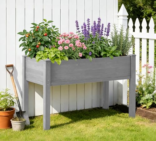 Image of SoliWood Set of 2 Raised Garden Bed with Legs, 48x24x30'', Outdoor Wood Elevated Planter Box, Grey Cedar, Thick Legs, w /Liner