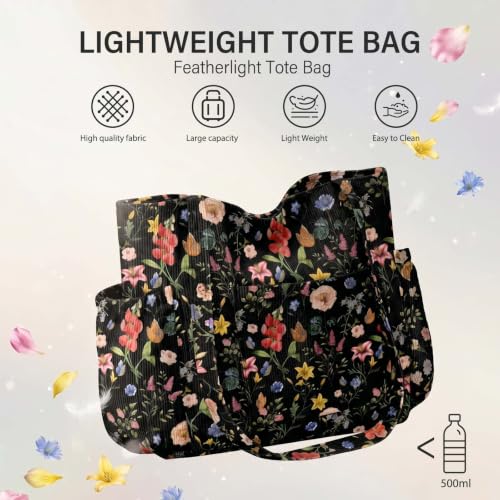 Corduroy Tote Bag for Women,Large Capacity Cute Tote Bags With 6 Pockets,Crossbody Shoulder Handbag for Work Travel Gym (Black Retro Floral) - image 6