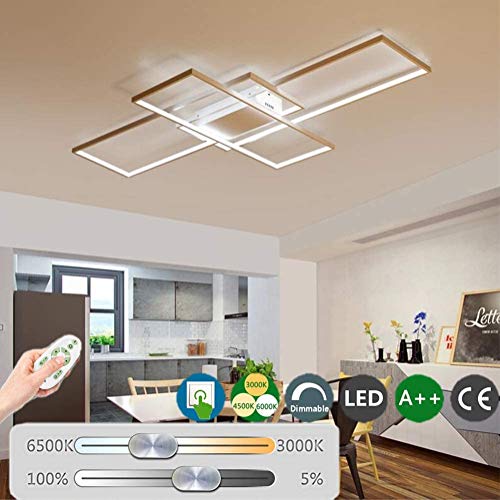 Preisvergleich Produktbild LED Deckenleuchte Wohnzimmerlampe Dimmbare Rechteckig 3 Ring Fernbedienung Deckenlampe Kronleuchter Moderne Metall Acryl Lampenschirm Esszimmer Küche Schlafzimmer Dekor Decke Lampe,Weiß,110cm(95W)