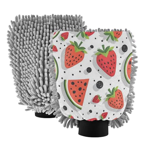 Kigai Cartoon Watermelon Car Wash Mitt Microfiber, 2Pcs Scratch Free Lint-Free, Premium Chenille Microfiber Mitt Car Wash Brush-L