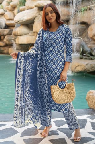 Image of MIRCHI FASHION Pure Cotton Women Straight Batik Print & Mirror Work Kurti Set with Dupatta and Pant