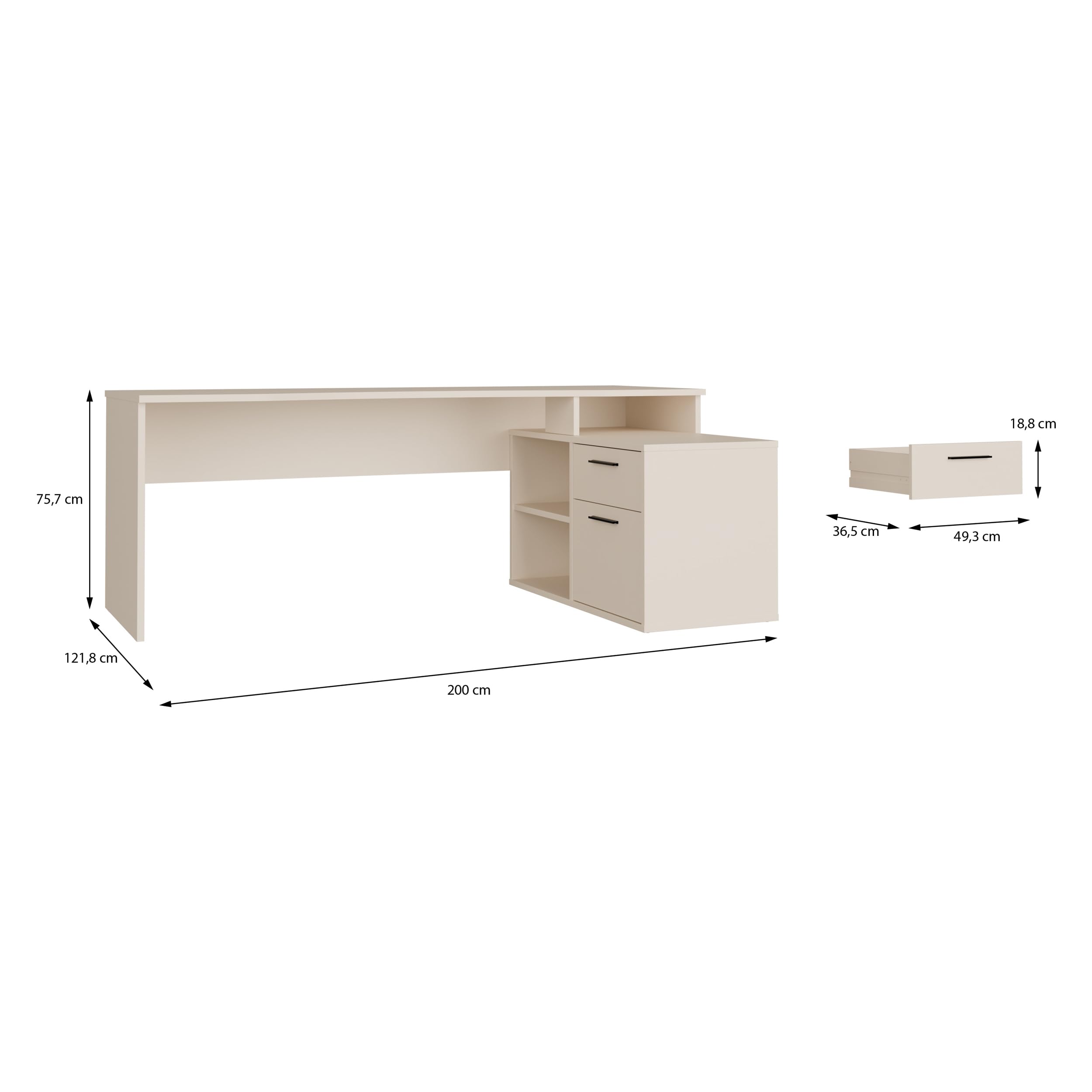 Forte TEZAUR Schreibtisch 200, moderner Schreibtisch in L-Form mit integriertem Schrank, Büro, Jugendzimmer, Holzwerkstoff, Kaschmir Beige, 200 cm breit x 75,7 cm hoch x 121,8 cm tief
