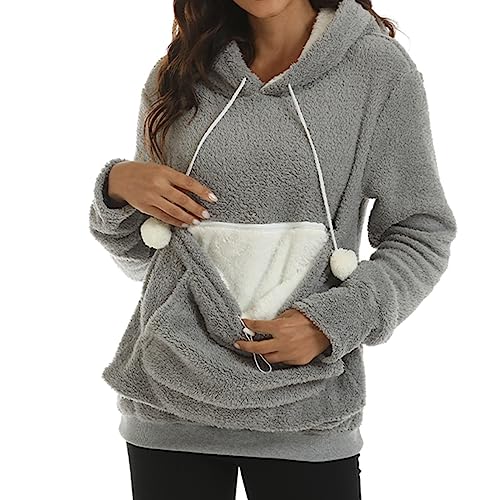 Damen Pullover Kapuzenpullover mit Katzen Hund Tasche Hundetasche Katze Große Größen Sweatshirt Pulli Hoodie Kapuze Katzenpulli Beutel Langarm Herbst Winter mit Reißverschluss