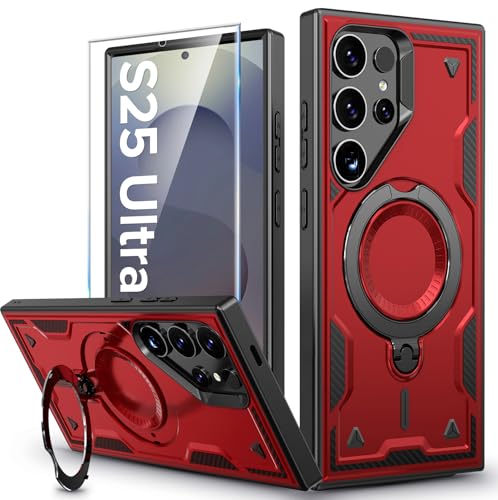 Image of for Samsung Galaxy S25 Ultra Case Magnetic with Stand, with Mag-Safe, with Screen Protector, Wireless Charging, Shockproof for Samsung S25 Ultra 5G Phone Case, Ring Holder Cover Red