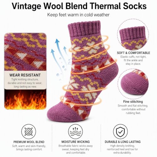 Image of Winter Women Socks 5 Pairs Vintage Wool Casual Thermal Crew Socks