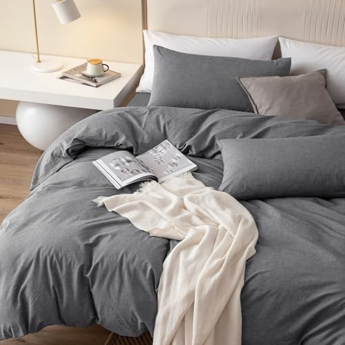 JIYUAN 100% Washed Cotton Duvet Cover Set 3 Pieces Full, 1 Duvet Cover 80x90 Inches (Comforter Not Included) and 2 Pillowcases,Linen Feel Bedding Set Comfy and Breathable, Heathered Dark Grey