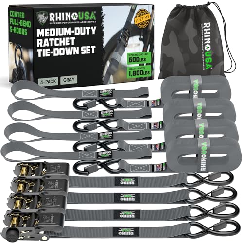 Image of Rhino USA Ratchet Straps Tie Downs (4-Pack) - 1 Inch x 15 Feet (1,823lb Break Strength) - Ultimate Tie Down Straps with Safety S Hooks - for Trucks, Cargo, Moving, Appliances - Grey