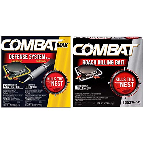 Combat Roach Killing Bait, Large Roach Bait Station, 8 Count (780059/41913) and Combat Max Defense System Brand, Small Roach Killing Bait and Gel, 12 Count Combat Roach Killing Bait, Large Roach Bait Station, 8 Count (780059/41913) and Combat Max Defense System Brand, Small Roach Killing Bait and Gel, 12 Count