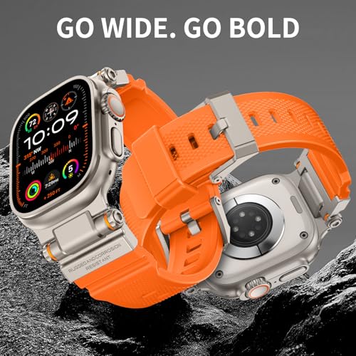 Image of FOAMUNOC Rugged Band Compatible with Apple Watch Ultra 3 /2 /1 Band 49mm /46mm /45mm /44mm /42mm, Metal Connector with Strap for iWatch Ultra Series 11 /10 /9 /8 /7 /6 /SE3 /SE2 /SE /5 /4 /3 /2 /1, Orange /Titanium