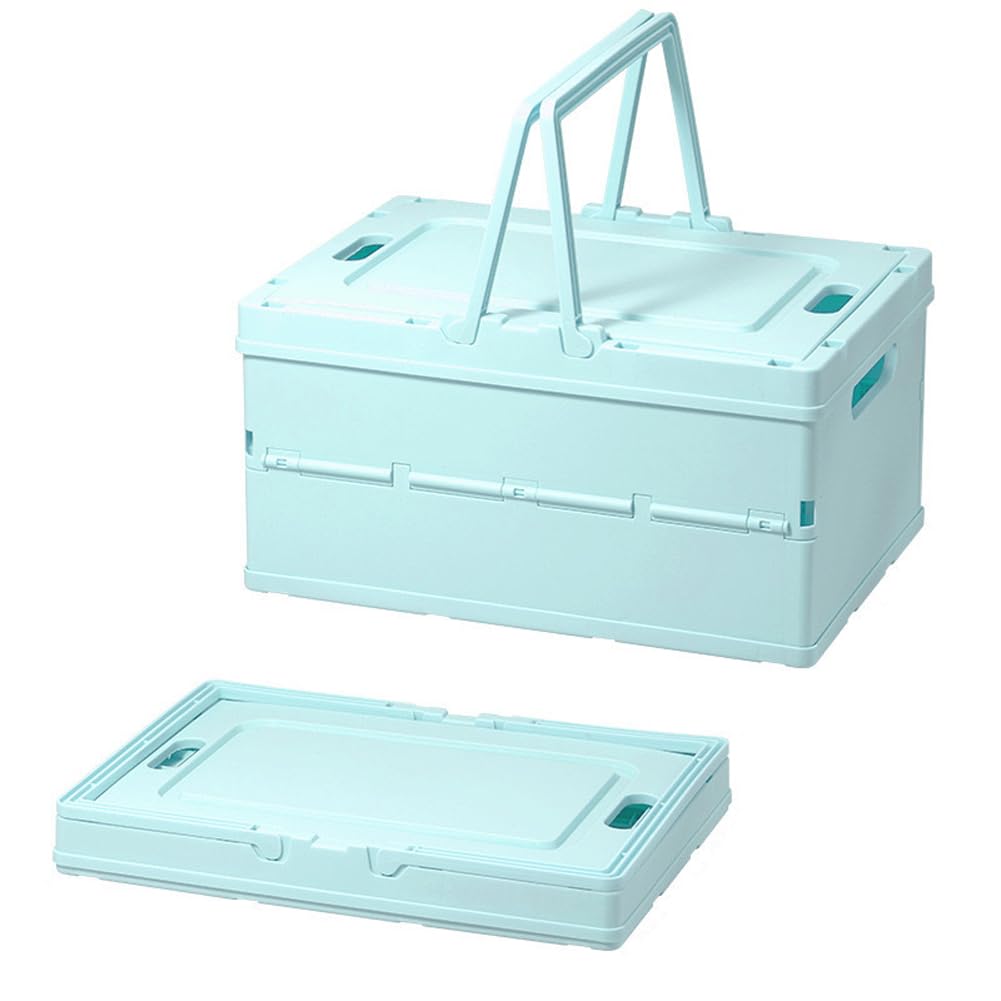 Mumuxiao Blue Foldable Small Crate Storage Baskets With Handle & Lid,Collapsible Plastic Crate Space Saving Storage Portable Picnic Basket For Fruit Vegetable (,Large)