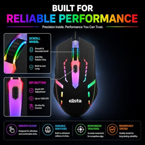 Image of Elista RGB Wired Mouse for Laptop & PC | 3 DPI Levels (800 /1000 /1200) | USB Plug & Play | LED Light Mouse | Ergonomic Design | Budget Gaming Mouse