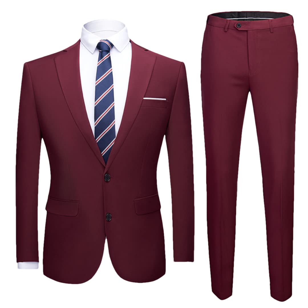 Męski garnitur slim fit, męski garnitur 2-częściowy zestaw, marynarka, kamizelka spodnie, męski garnitur smokingowy, 2 guziki czerwone wino, XXS