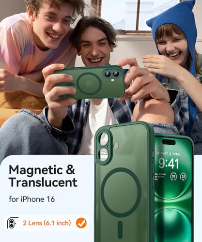 Image of CANSHN Magnetic for iPhone 16 Case, Upgraded [Full Camera Protection] [Compatible with Magsafe] [Translucent Matte] Shockproof Protective Phone Case for iPhone 16 - Deep Green