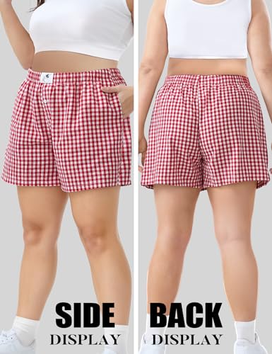 Image of COOTRY Plus Size Women Boxer Shorts Cotton Plaid Gingham Shorts Casual Pajama Sleep Shorts Y2K Beach Bottoms