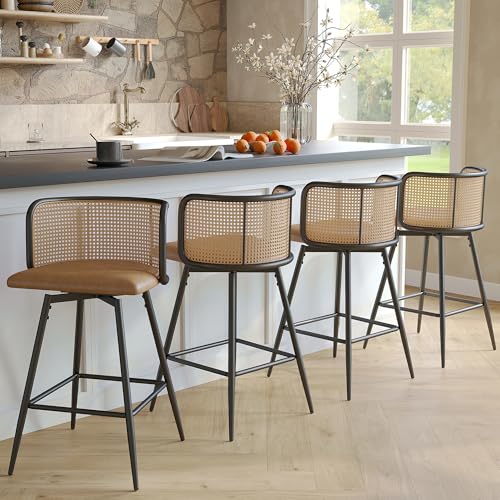 TYBOATLE Swivel Rattan Bar Stools Set of 4, 26” Counter Height Stools with Natural Rattan Woven Back and Faux Leather Seat, Mid-Century Modern Island Chairs Barstools for Kitchen, Brown